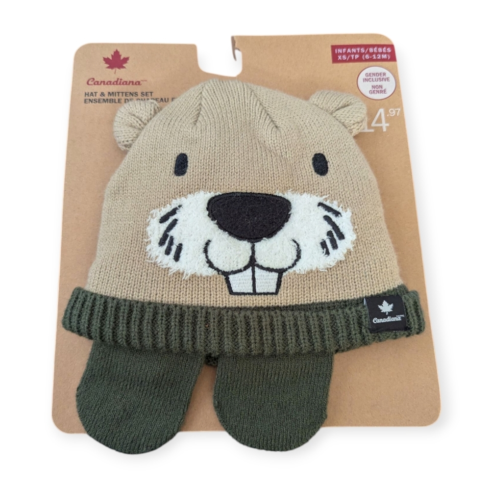Canadiana Beaver Hat and Mits 6-12 Months XS